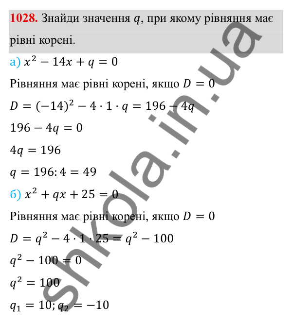 ГДЗ Алгебра 8 клас Бевз 2025 — завдання 1028, § 20. Теорема Вієта