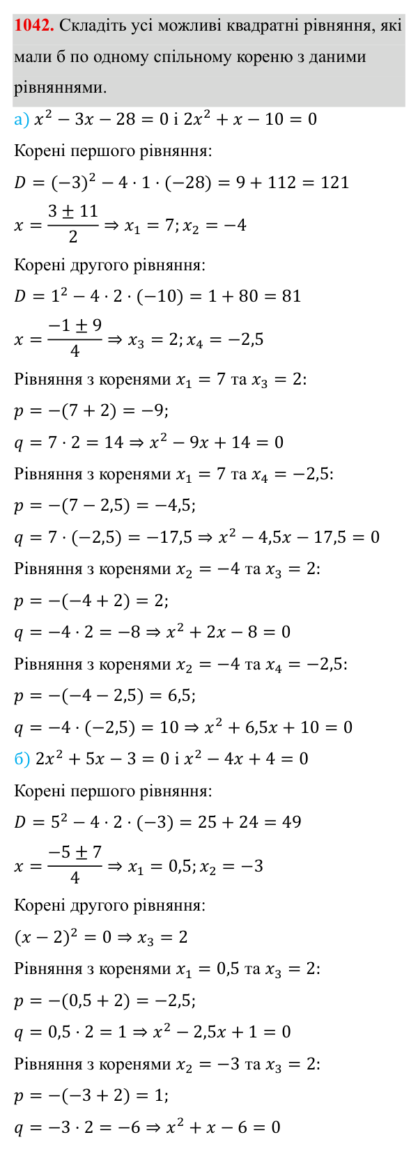 Завдання 1042 ГДЗ Алгебра 8 клас Бевз 2025 — завдання 1042, § 20. Теорема Вієта