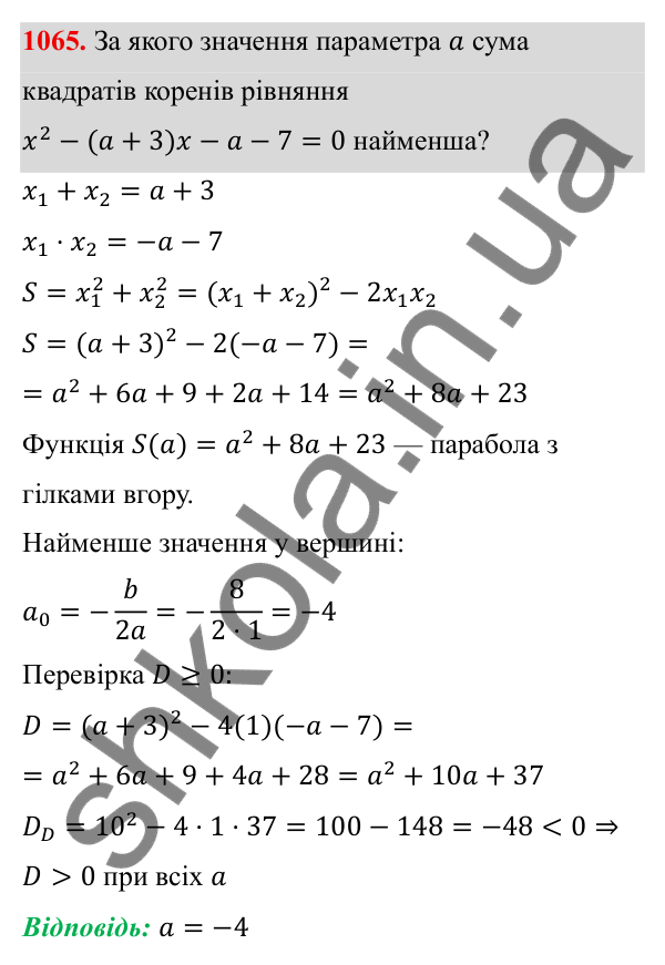 ГДЗ Алгебра 8 клас Бевз 2025 — завдання 1065, § 20. Теорема Вієта
