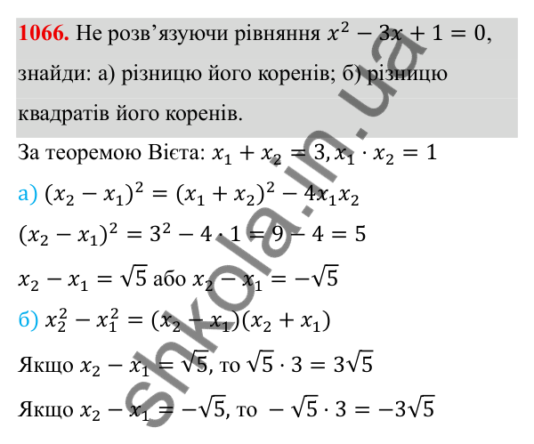 ГДЗ Алгебра 8 клас Бевз 2025 — завдання 1066, § 20. Теорема Вієта