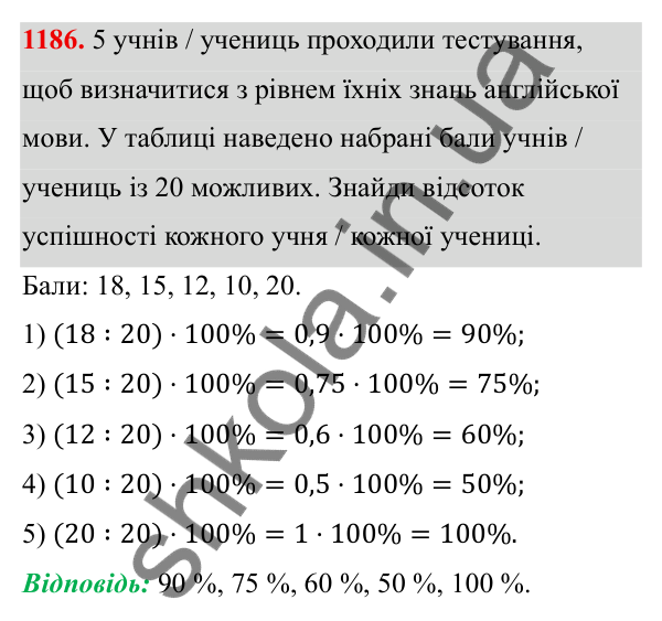 ГДЗ Алгебра 8 клас Бевз 2025 — завдання 1186, § 23. Відсотки. Задачі на відсотки. Діаграми