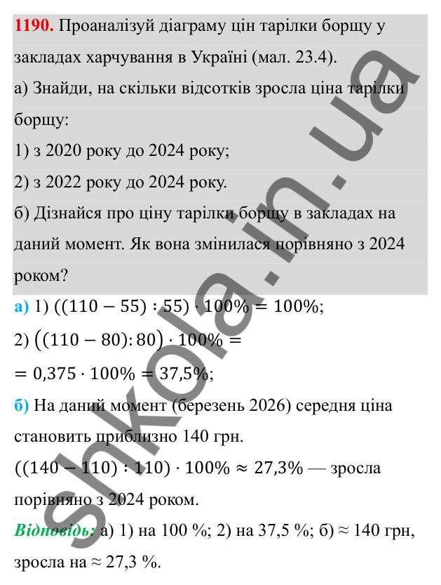 ГДЗ Алгебра 8 клас Бевз 2025 — завдання 1190, § 23. Відсотки. Задачі на відсотки. Діаграми