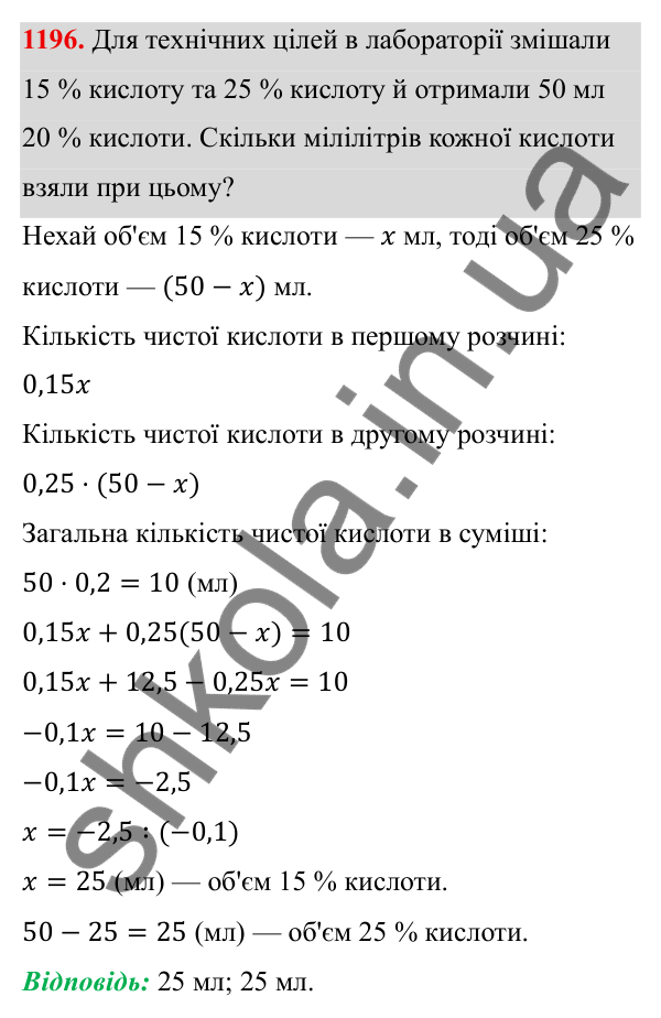 ГДЗ Алгебра 8 клас Бевз 2025 — завдання 1196, § 23. Відсотки. Задачі на відсотки. Діаграми
