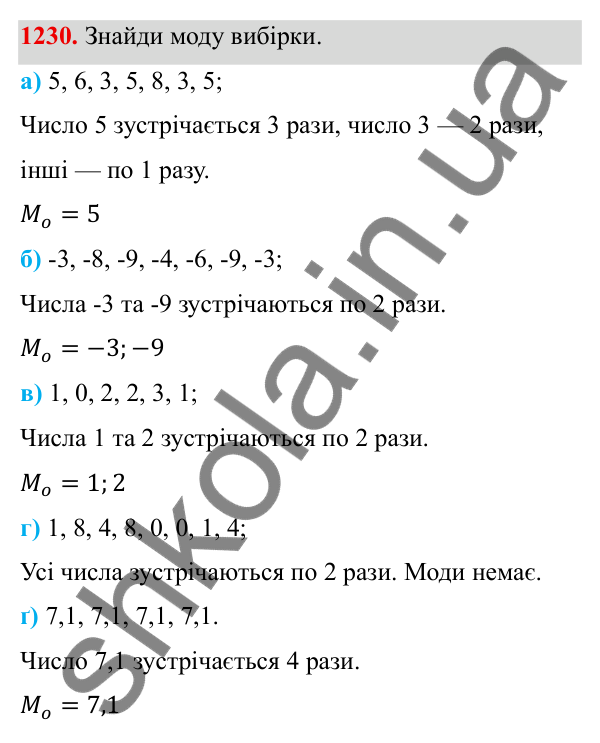 ГДЗ Алгебра 8 клас Бевз 2025 — завдання 1230, § 25. Вибірка. Середнє значення, мода вибірки
