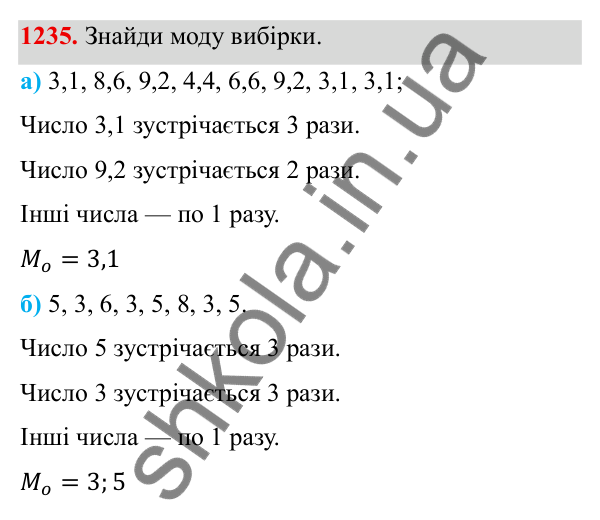 ГДЗ Алгебра 8 клас Бевз 2025 — завдання 1235, § 25. Вибірка. Середнє значення, мода вибірки