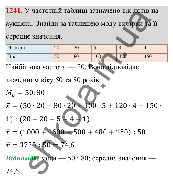 ГДЗ Алгебра 8 клас Бевз 2025 — завдання 1241, § 25. Вибірка. Середнє значення, мода вибірки
