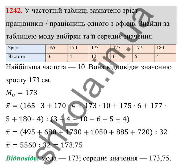 ГДЗ Алгебра 8 клас Бевз 2025 — завдання 1242, § 25. Вибірка. Середнє значення, мода вибірки