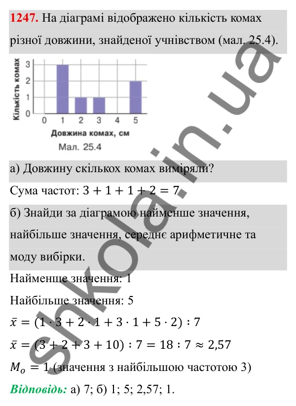 ГДЗ Алгебра 8 клас Бевз 2025 — завдання 1247, § 25. Вибірка. Середнє значення, мода вибірки