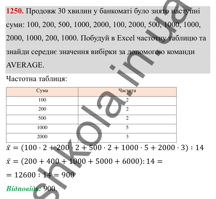 ГДЗ Алгебра 8 клас Бевз 2025 — завдання 1250, § 25. Вибірка. Середнє значення, мода вибірки