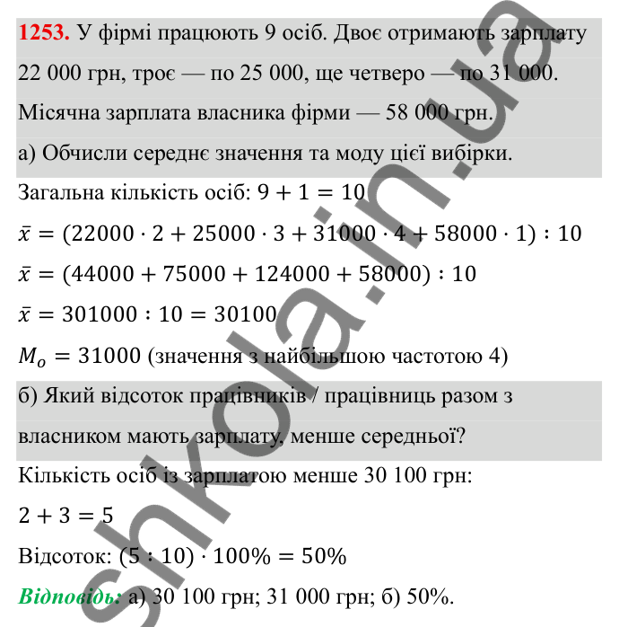 ГДЗ Алгебра 8 клас Бевз 2025 — завдання 1253, § 25. Вибірка. Середнє значення, мода вибірки