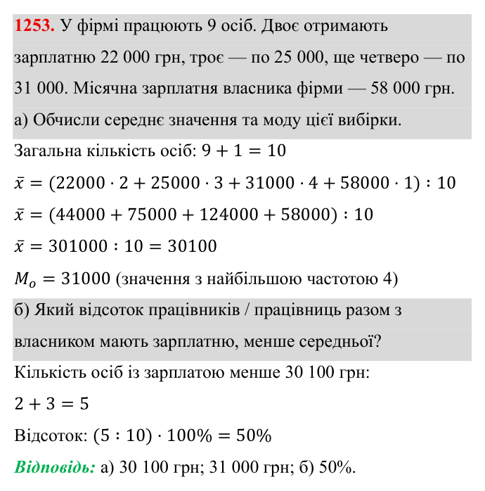 Завдання 1253 ГДЗ Алгебра 8 клас Бевз 2025 — завдання 1253, § 25. Вибірка. Середнє значення, мода вибірки