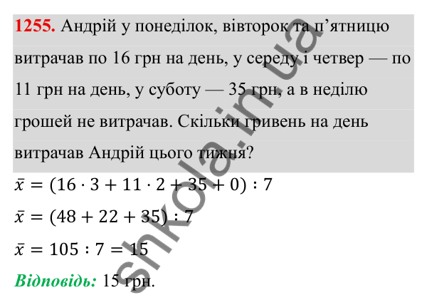 ГДЗ Алгебра 8 клас Бевз 2025 — завдання 1255, § 25. Вибірка. Середнє значення, мода вибірки