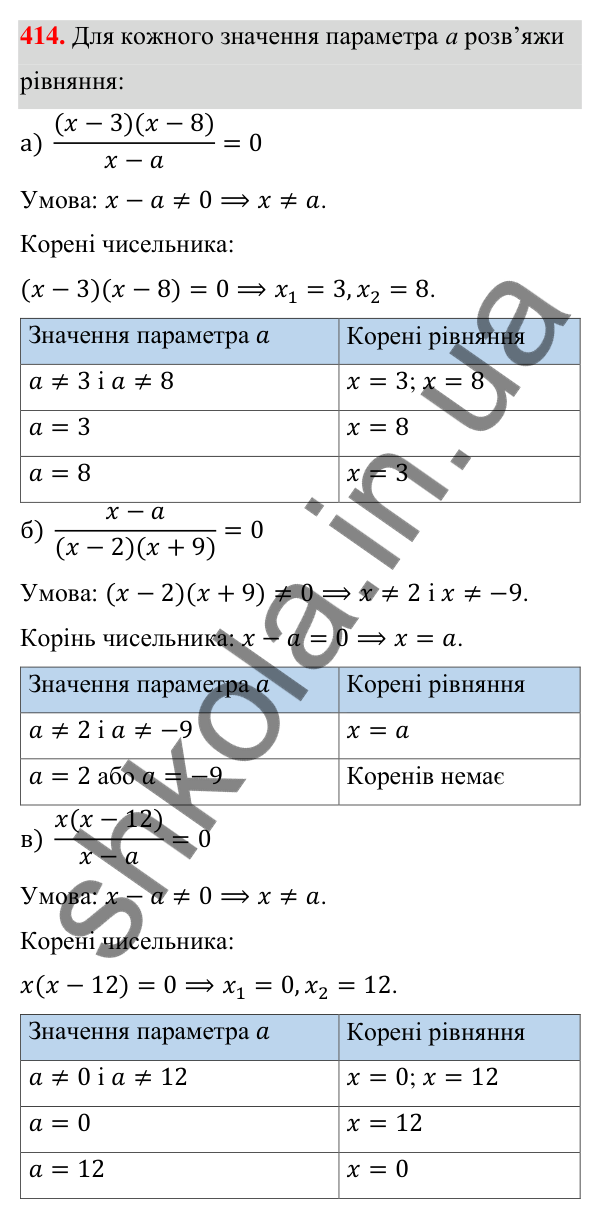 ГДЗ Алгебра 8 клас Бевз 2025 — завдання 414, § 8. Раціональні рівняння