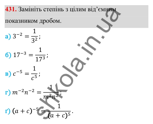ГДЗ Алгебра 8 клас Бевз 2025 — завдання 431, § 9. Степені з цілими показниками