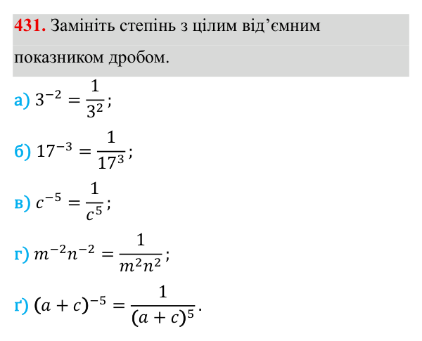 Завдання 431 ГДЗ Алгебра 8 клас Бевз 2025 — завдання 431, § 9. Степені з цілими показниками