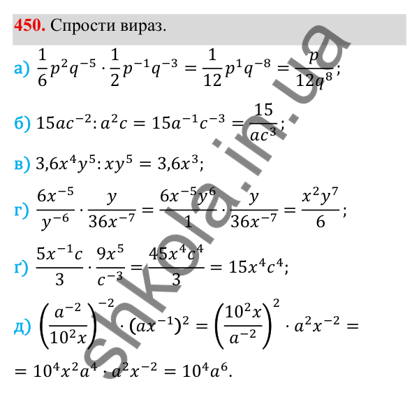 ГДЗ Алгебра 8 клас Бевз 2025 — завдання 450, § 9. Степені з цілими показниками
