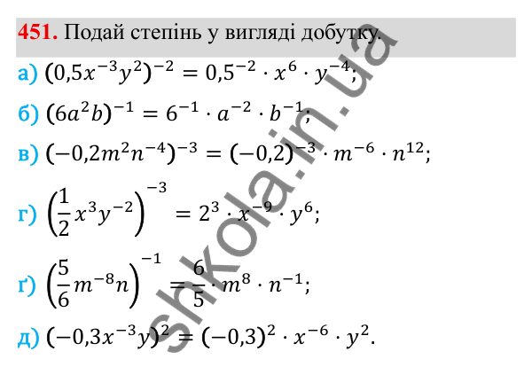 ГДЗ Алгебра 8 клас Бевз 2025 — завдання 451, § 9. Степені з цілими показниками