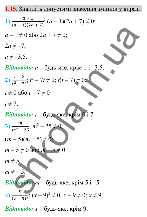 Відповідь до завдання 1.15 (с. 16) з алгебри для 8 класу (Істер, 2025): Раціональні вирази. Раціональні дроби