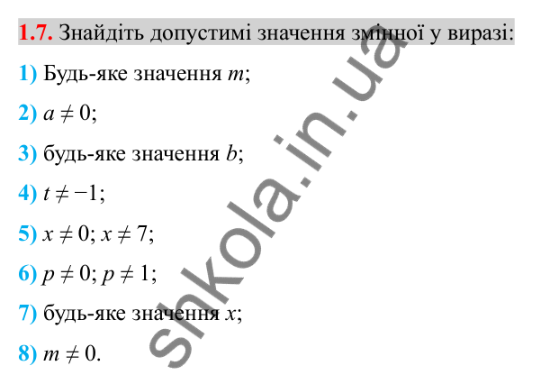 Відповідь до завдання 1.7 (с. 15) з алгебри для 8 класу (Істер, 2025): Раціональні вирази. Раціональні дроби