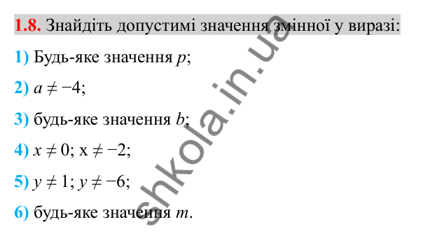Відповідь до завдання 1.8 (с. 15) з алгебри для 8 класу (Істер, 2025): Раціональні вирази. Раціональні дроби