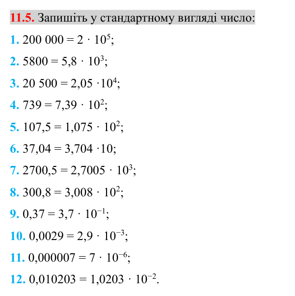 Завдання 11.5 Відповідь до завдання 11.5 (с. 85) з алгебри для 8 класу (Істер, 2025): Стандартний вигляд числа