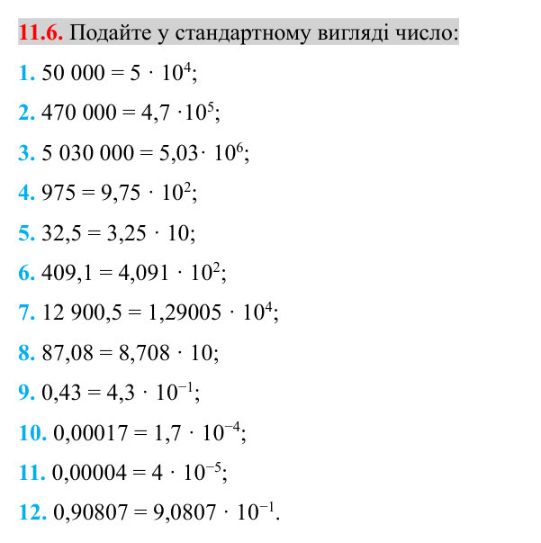 Завдання 11.6 Відповідь до завдання 11.6 (с. 85) з алгебри для 8 класу (Істер, 2025): Стандартний вигляд числа