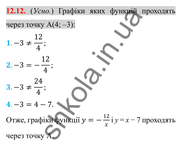 Відповідь до завдання 12.12 (с. 94) з алгебри для 8 класу (Істер, 2025): Функція y = k/x, її графік і властивості