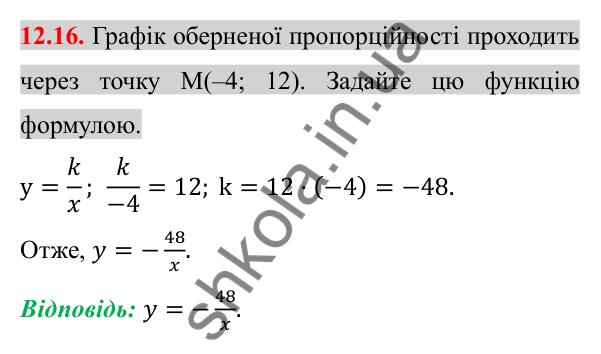 Відповідь до завдання 12.16 (с. 94) з алгебри для 8 класу (Істер, 2025): Функція y = k/x, її графік і властивості