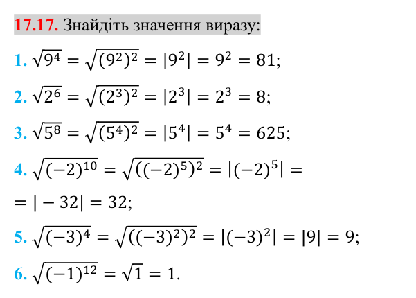 Завдання 17.17 Відповідь до завдання 17.17 (с. 140) з алгебри для 8 класу (Істер, 2025): Властивості арифметичного квадратного кореня