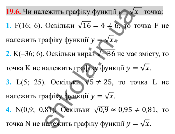 Відповідь до завдання 19.6 (с. 155) з алгебри для 8 класу (Істер, 2025): Функція y = √x, її графік і властивості