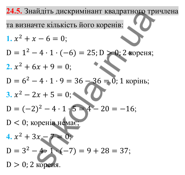 Відповідь до завдання 24.5 (с. 196) з алгебри для 8 класу (Істер, 2025): Квадратний тричлен. Розкладання на лінійні множники