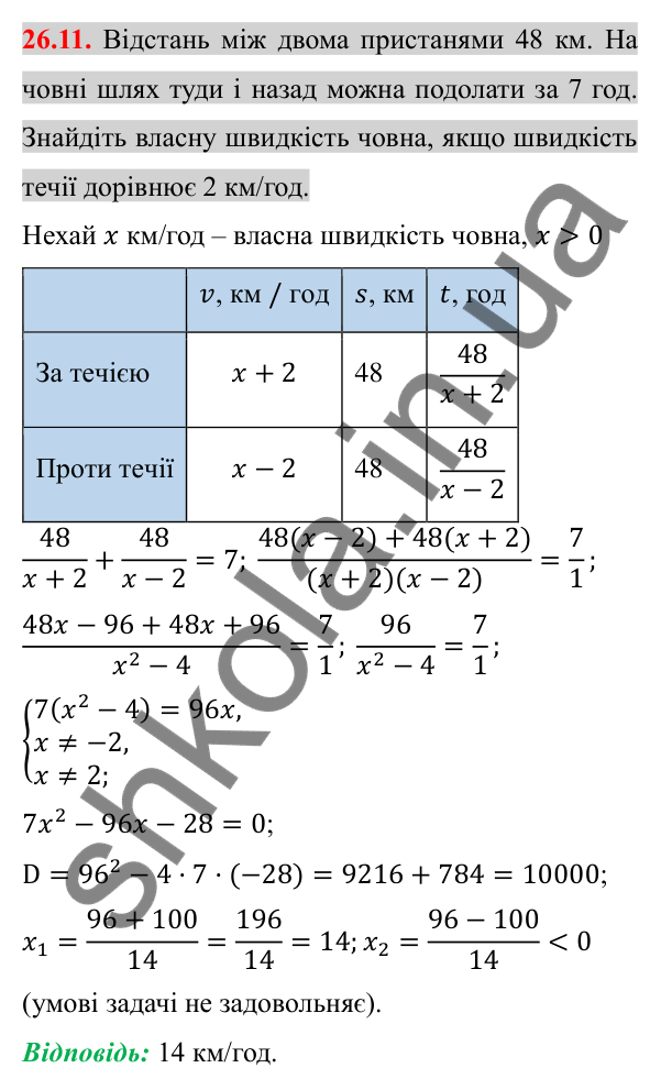 Відповідь до завдання 26.11 (с. 208) з алгебри для 8 класу (Істер, 2025): Розв'язування задач за допомогою дробових…