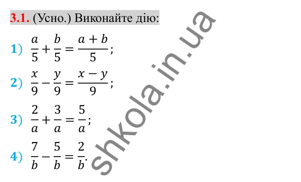 Відповідь до завдання 3.1 (с. 27) з алгебри для 8 класу (Істер, 2025): Додавання та віднімання дробів з однаковими…