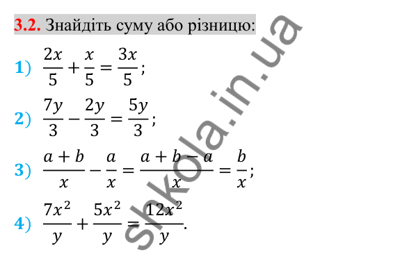 Відповідь до завдання 3.2 (с. 27) з алгебри для 8 класу (Істер, 2025): Додавання та віднімання дробів з однаковими…