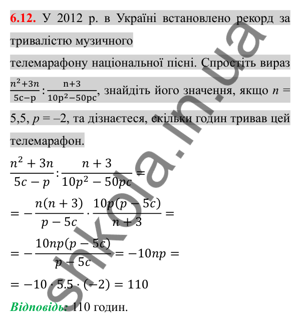 Відповідь до завдання 6.12 (с. 52) з алгебри для 8 класу (Істер, 2025): Ділення дробів