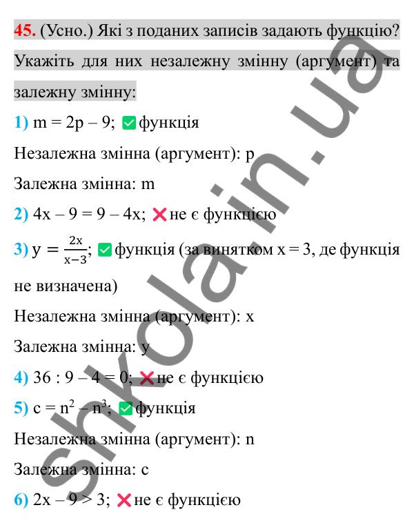 Відповідь до завдання 45 (с. 8) з повторення алгебри за 7 клас для 8 класу (Істер, 2025): Функції