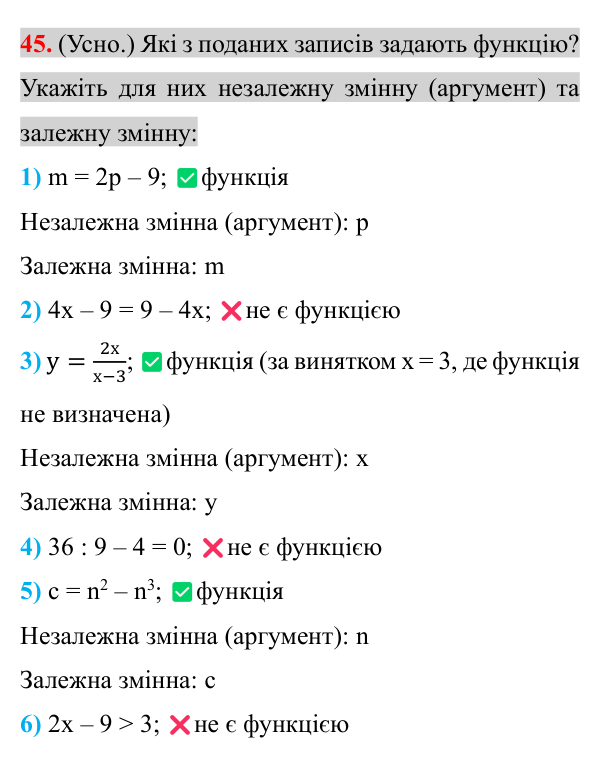 Завдання 45 (повторення за 7 клас) Відповідь до завдання 45 (с. 8) з повторення алгебри за 7 клас для 8 класу (Істер, 2025): Функції