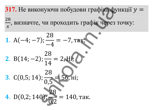 Відповідь до завдання 317 з алгебри для 8 класу (Мерзляк, 2025): 10. Функція y = k/x та її графік