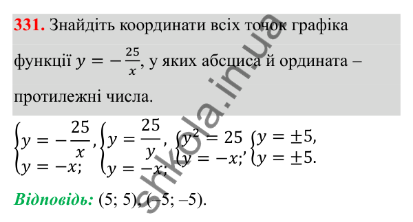 Відповідь до завдання 331 з алгебри для 8 класу (Мерзляк, 2025): 10. Функція y = k/x та її графік