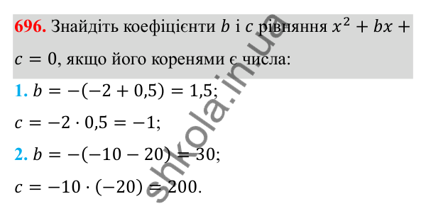 Відповідь до завдання 696 з алгебри для 8 класу (Мерзляк, 2025): 20. Теорема Вієта