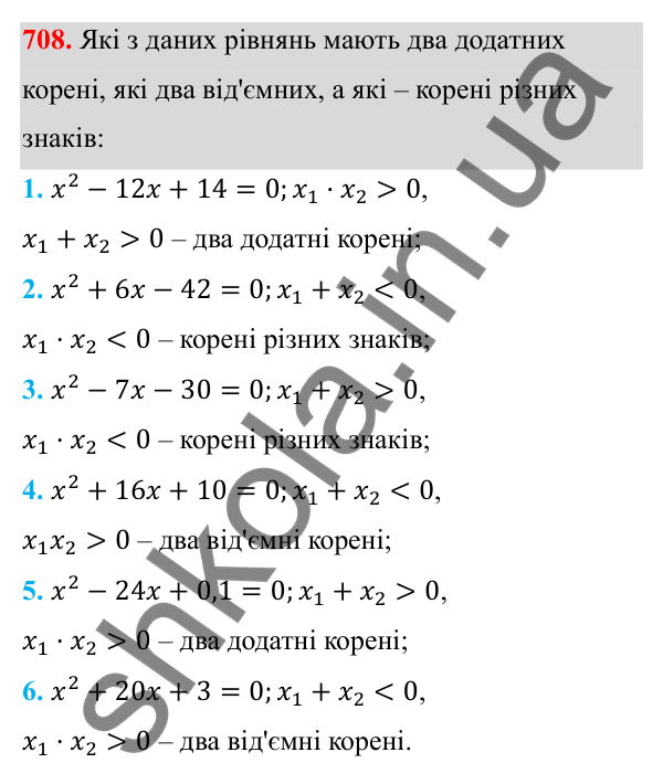 Відповідь до завдання 708 з алгебри для 8 класу (Мерзляк, 2025): 20. Теорема Вієта