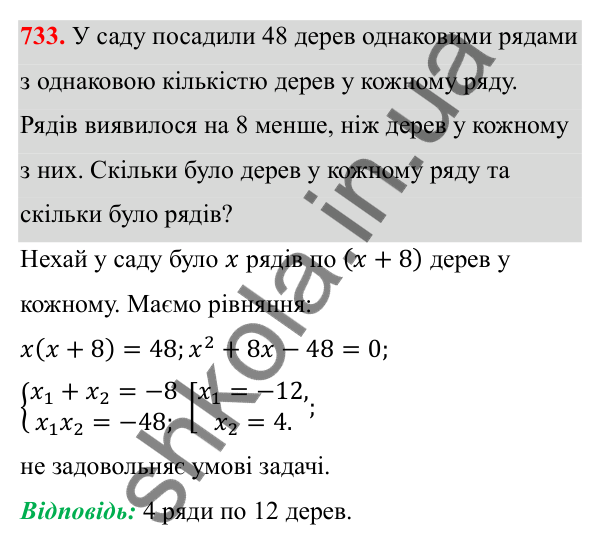 Відповідь до завдання 733 з алгебри для 8 класу (Мерзляк, 2025): 20. Теорема Вієта