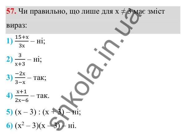 Завдання 57 ГДЗ Алгебра 8 клас Тарасенкова 2025 — завдання 57, § 1. Раціональні вирази. Види раціональних виразів