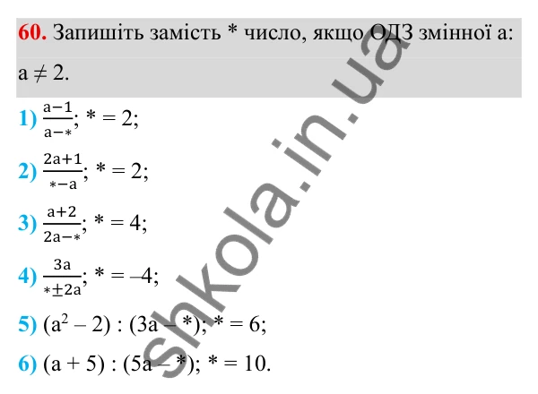 ГДЗ Алгебра 8 клас Тарасенкова 2025 — завдання 60, § 1. Раціональні вирази. Види раціональних виразів
