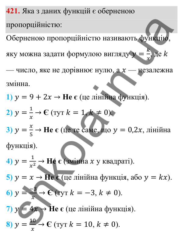 Завдання 421 ГДЗ Алгебра 8 клас Тарасенкова 2025 — завдання 421, § 11. Функція y = k/x