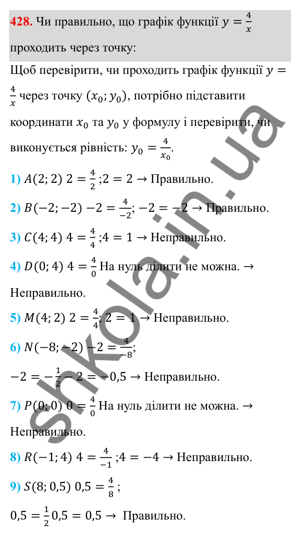 ГДЗ Алгебра 8 клас Тарасенкова 2025 — завдання 428, § 11. Функція y = k/x