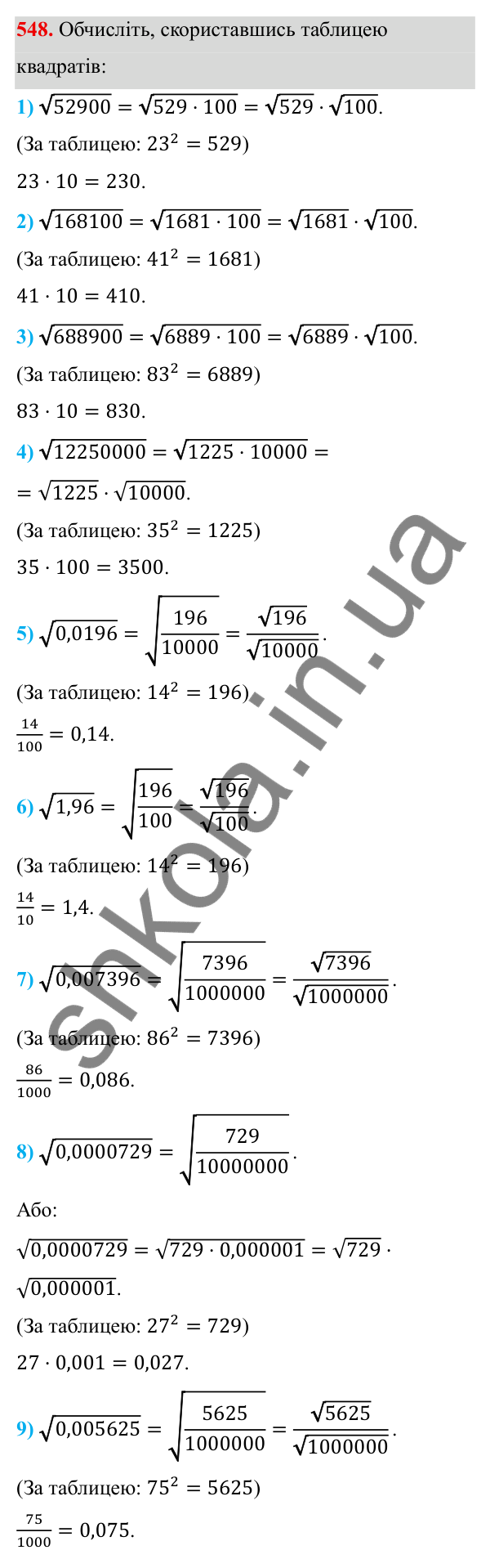 ГДЗ Алгебра 8 клас Тарасенкова 2025 — завдання 548, § 13. Арифметичний квадратний корінь