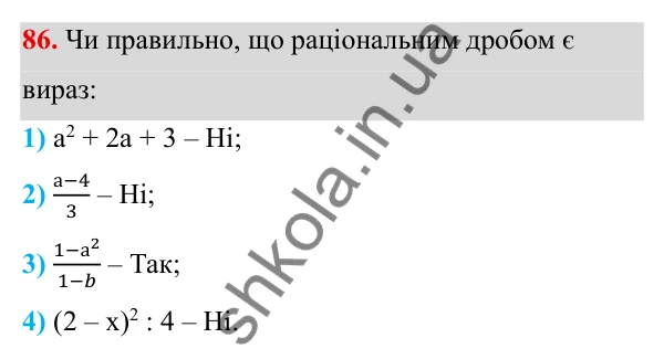 Завдання 86 ГДЗ Алгебра 8 клас Тарасенкова 2025 — завдання 86, § 2. Раціональний дріб. Основна властивість