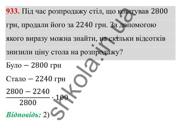 Завдання 933 ГДЗ Алгебра 8 клас Тарасенкова 2025 — завдання 933, § 23. Задачі на відсотки