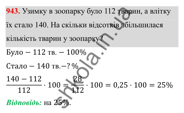 ГДЗ Алгебра 8 клас Тарасенкова 2025 — завдання 943, § 23. Задачі на відсотки